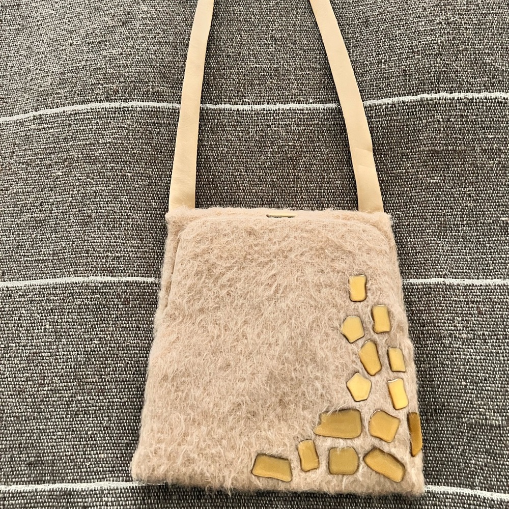 Bottega Veneta Cream Wool Shoulder Bag With Gold Embellishments